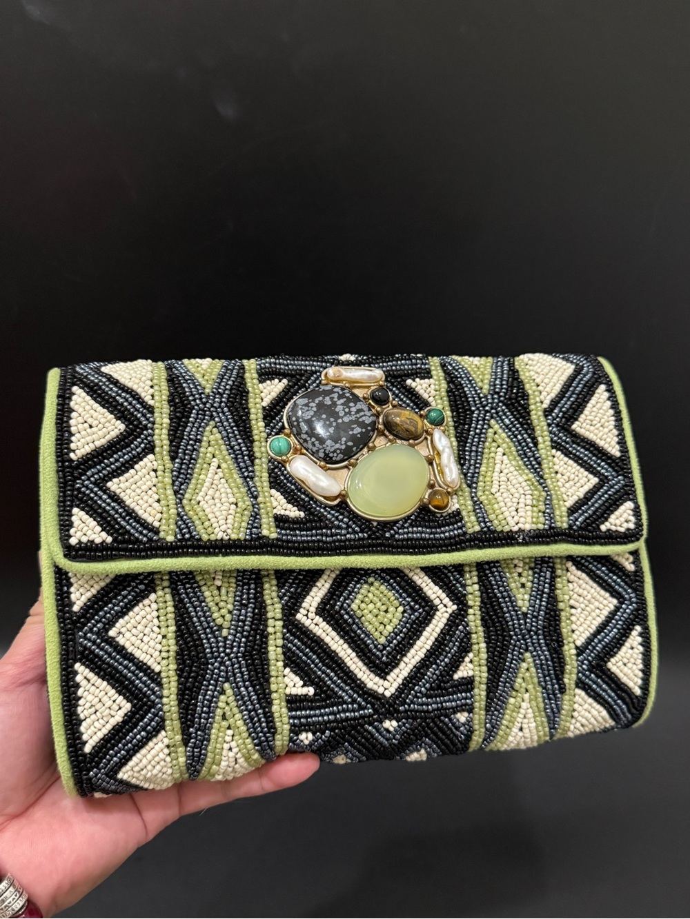 MARY FRANCES Geometric Beaded Natural Gemstones Cluster Embellished Evening Bag - Picture 4 of 16